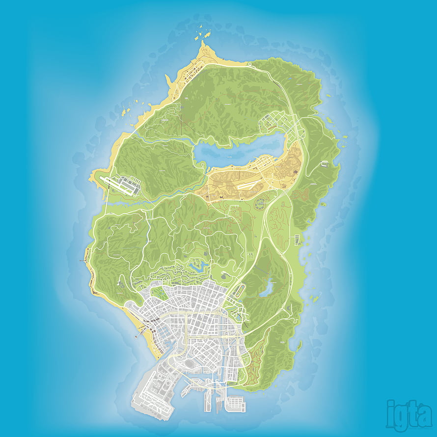 Grand Theft Auto V Los Santos Island Map with City Grids and Mountain Terrain HD phone wallpaper