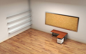 Minimalist Home Office Interior With Wooden Floor, L-Shaped Desk, Cork Board, And Floating Shelves HD wallpaper
