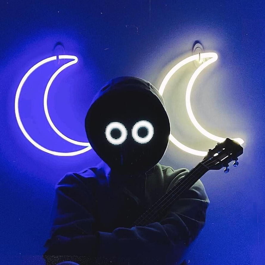 BoyWithUke silhouette with glowing LED eyes and neon crescent moons holding a ukulele HD phone wallpaper