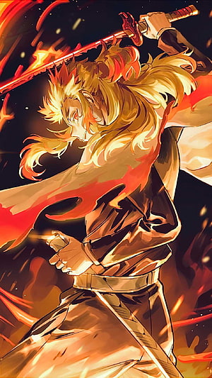 Rengoku Kyojuro Wielding Flame Katana in Dynamic Anime Illustration HD phone wallpaper
