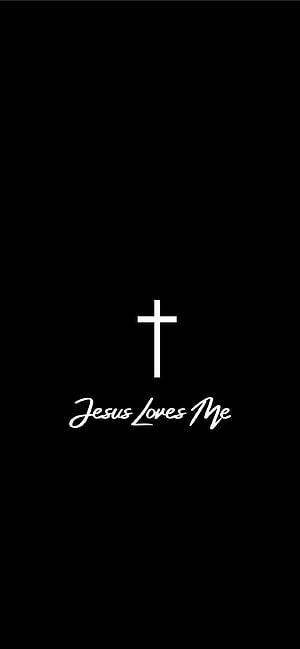 Minimalist White Cross and Jesus Loves Me Text on Black Background HD phone wallpaper