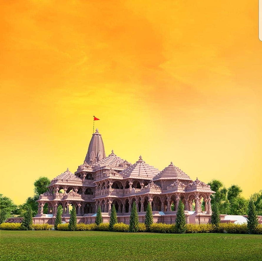 BAPS Shri Swaminarayan Mandir intricate pink stone temple architecture against vibrant yellow sky, Shri Ram Janmabhoomi Mandir in Ayodhya: First look of how the grand Ram Temple will look like, ram mandir ayodhya HD wallpaper