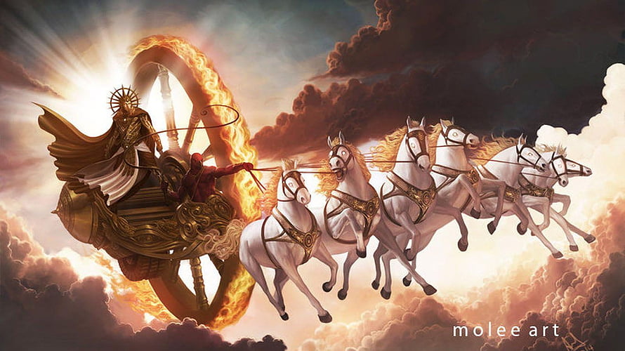 Lord Surya Dev Chariot with White Horses in Dramatic Clouds HD wallpaper