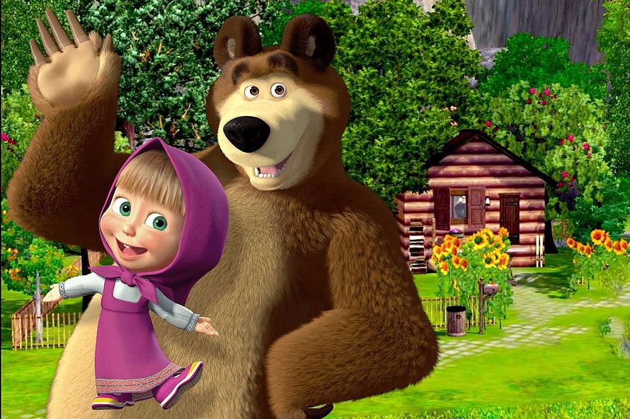 Masha and the Bear 3D Animated Wallpaper Featuring Masha and Bear in a Forest Setting HD wallpaper