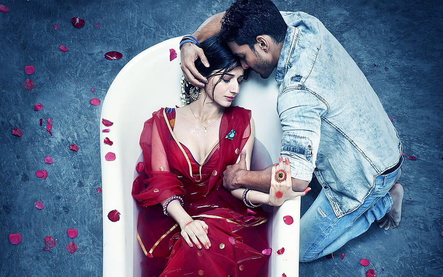 Romantic Indian Couple in Red Saree and Denim Jacket with Rose Petals, Sanam Teri Kasam Bollywood, #sanam teri kasam HD wallpaper