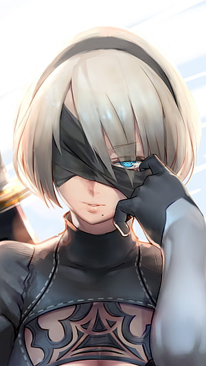 YoRHa 2B from NieR Automata in black bodysuit with eye patch and blue eye HD phone wallpaper