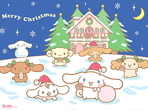Cinnamoroll Christmas Snow Scene with Sanrio Characters and Gingerbread House HD wallpaper