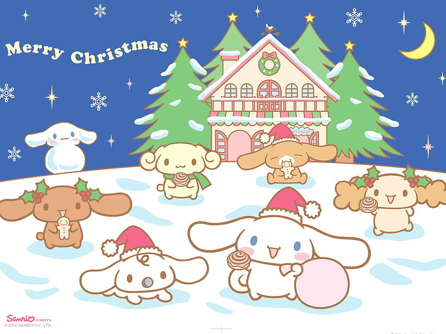 Cinnamoroll Christmas Snow Scene with Sanrio Characters and Gingerbread House HD wallpaper