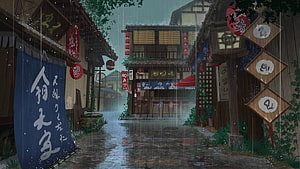 Rainy Traditional Japanese Street Scene With Lanterns And Noren Curtains HD wallpaper