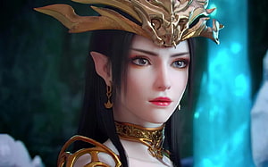 Fantasy Elf Queen Portrait with Golden Crown and Ornate Jewelry HD wallpaper