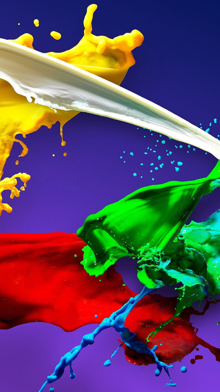 Vibrant Multicolored Paint Splash Abstract Artwork on Purple Background HD phone wallpaper