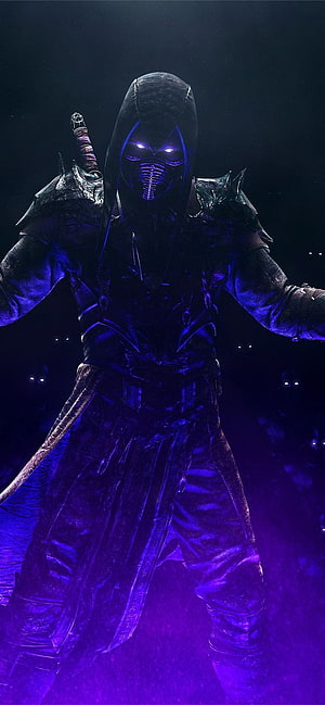 Noob Saibot from Mortal Kombat 11 in Dark Purple Armor with Glowing Eyes and Katana HD phone wallpaper