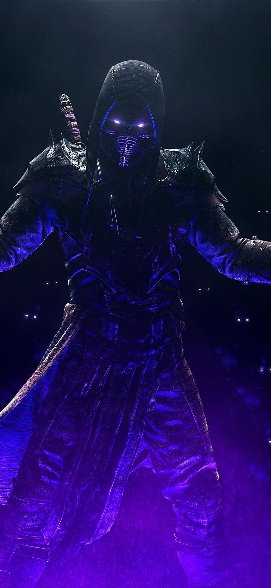 Noob Saibot from Mortal Kombat 11 in Dark Purple Armor with Glowing Eyes and Katana HD phone wallpaper