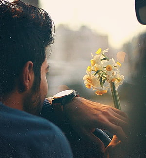 Man Driving Car Holding Yellow Daffodils in Sunlight, Sad Pic Of Boy In Love: Best Broken Heart – Diamond, sad boy full screen HD phone wallpaper