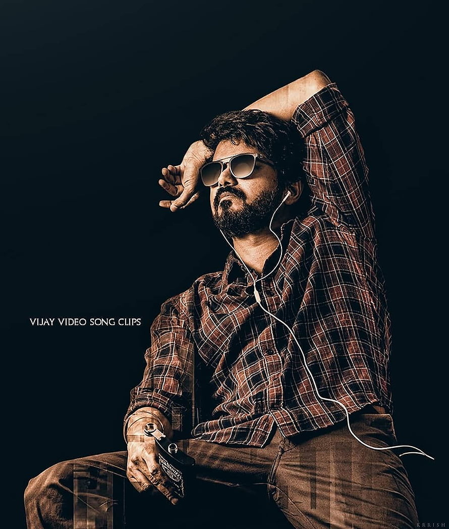 Vijay in a moody portrait wearing sunglasses and a plaid shirt with earphones HD phone wallpaper