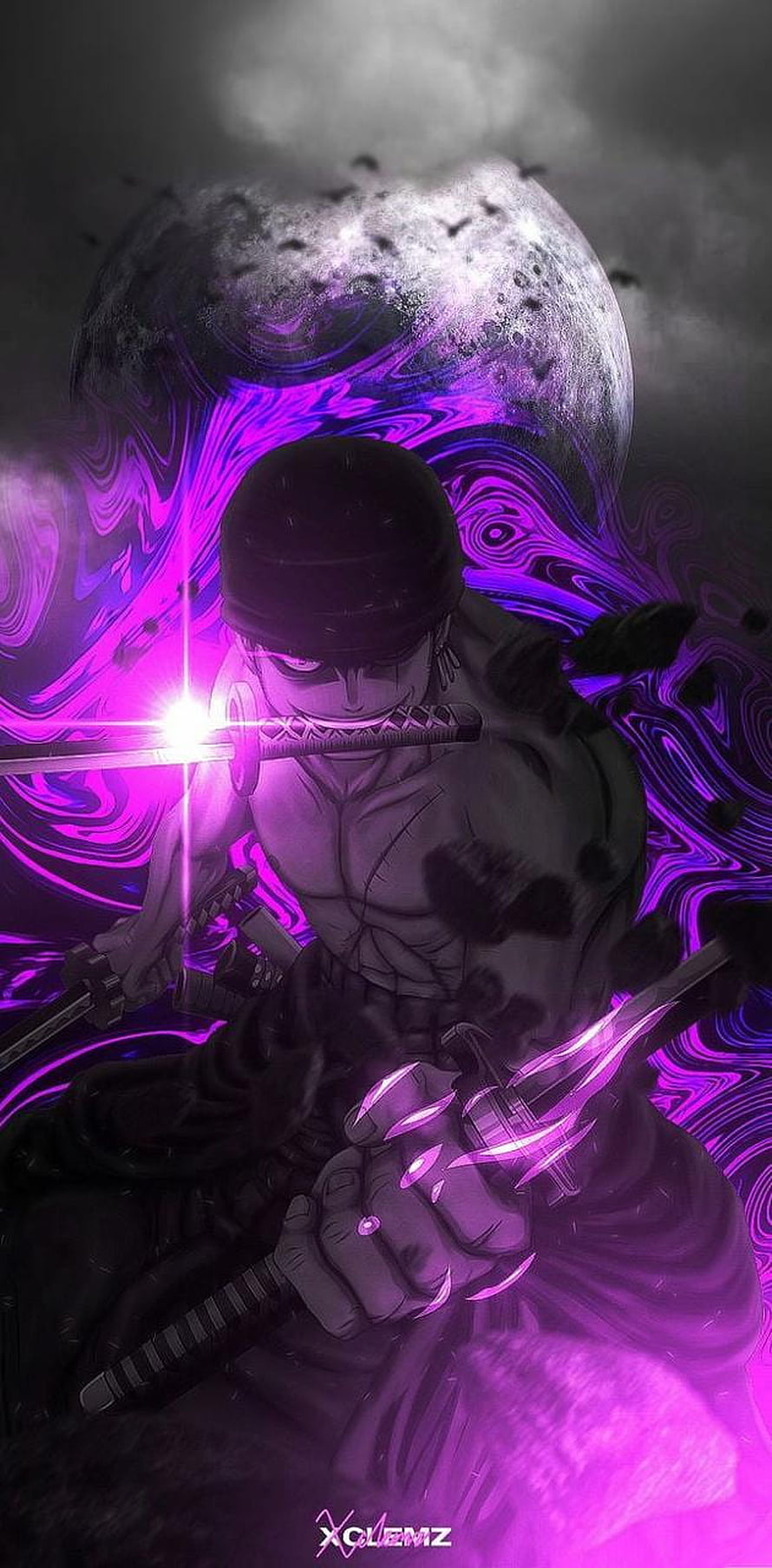 Zoro Wielding Three Swords With Purple Aura And Moon Background HD phone wallpaper