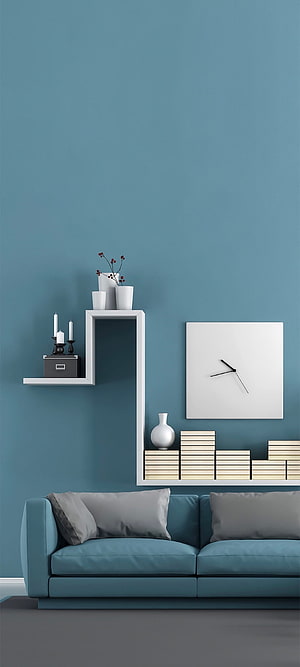 Modern Minimalist Living Room with Blue Sofa and White Wall Shelves HD phone wallpaper