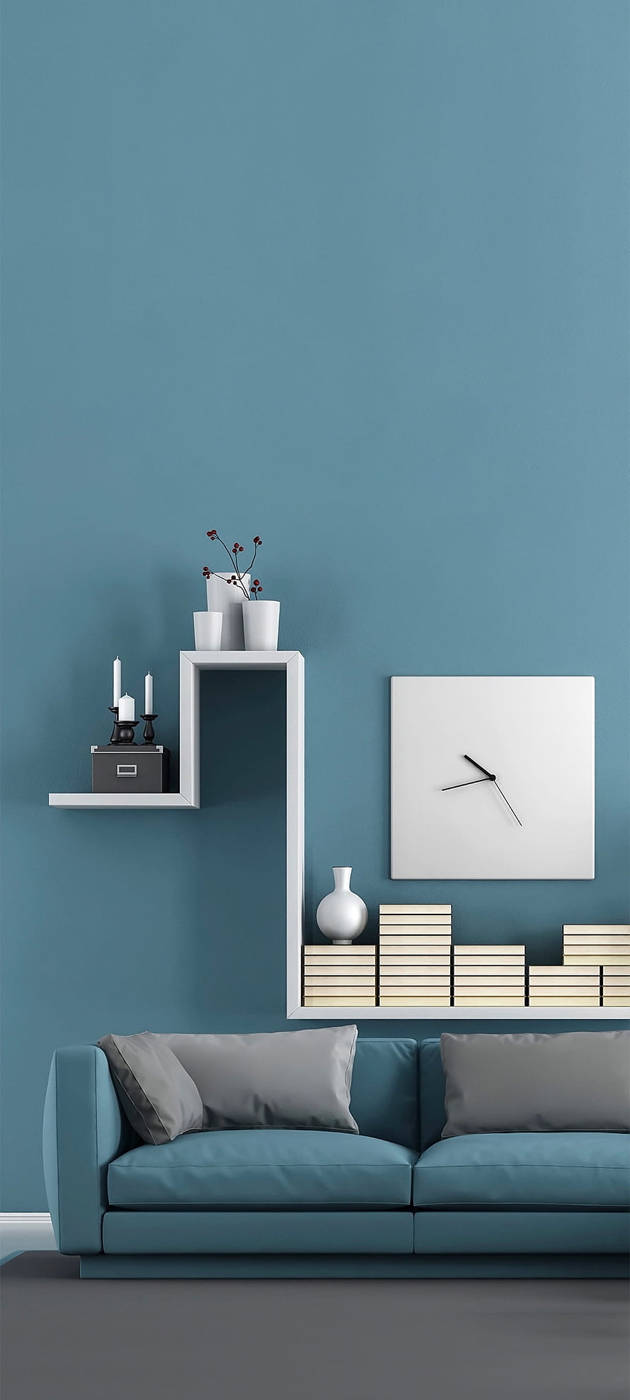 Modern Minimalist Living Room with Blue Sofa and White Wall Shelves HD phone wallpaper