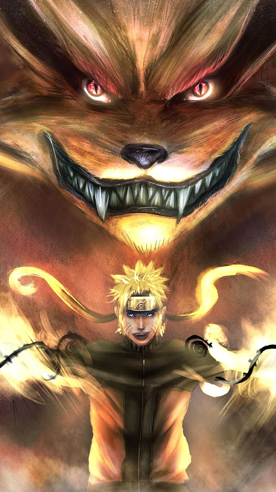 Naruto Uzumaki with Kurama Nine-Tails Fox Anime Wallpaper HD phone wallpaper