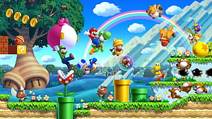Super Mario Bros 3D Platformer Scene Featuring Mario, Luigi, Yoshi, and Toad in a Vibrant World HD wallpaper