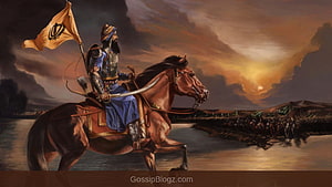 Persian Warrior on Horseback with Imperial Flag at Sunset HD wallpaper