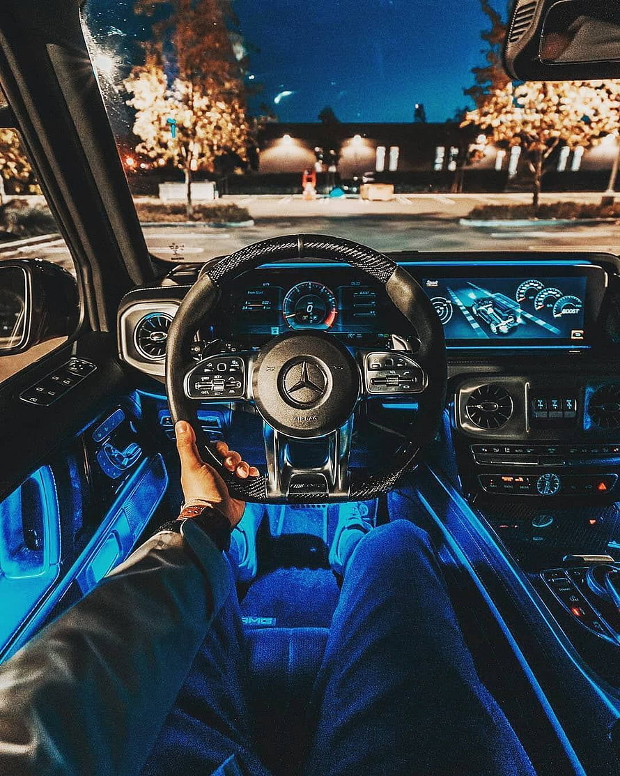 Mercedes-AMG Interior at Night with Blue Ambient Lighting and Digital Dashboard HD phone wallpaper