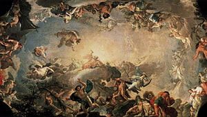 Dramatic Baroque Ceiling Fresco Depicting Greek Mythology with Flying Figures and Clouds HD wallpaper