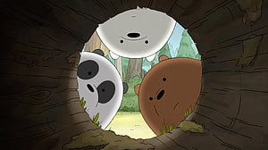 We Bare Bears cartoon trio peeking through a hollow tree trunk in a forest HD wallpaper
