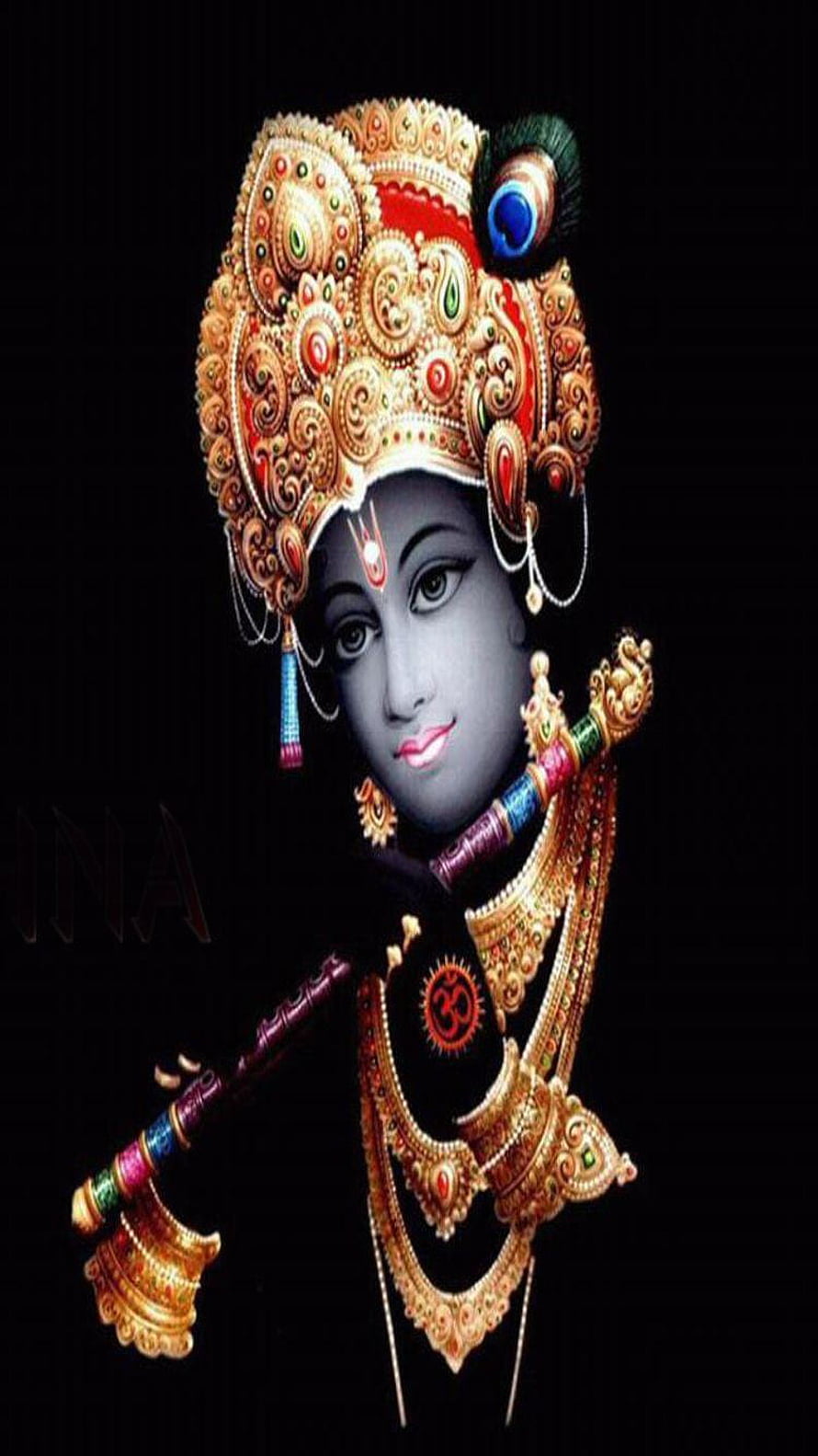 Lord Krishna Portrait With Flute And Peacock Feather Crown HD phone wallpaper