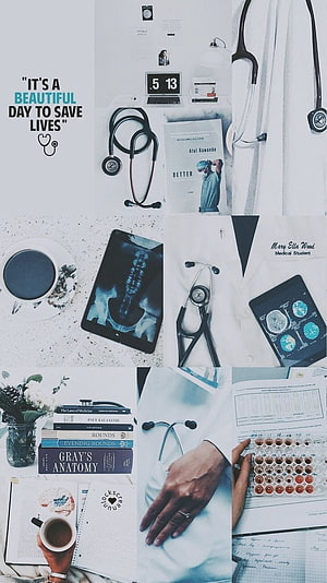 Medical Student Aesthetic Collage with Stethoscope, Anatomy Books, and Lab Samples HD phone wallpaper