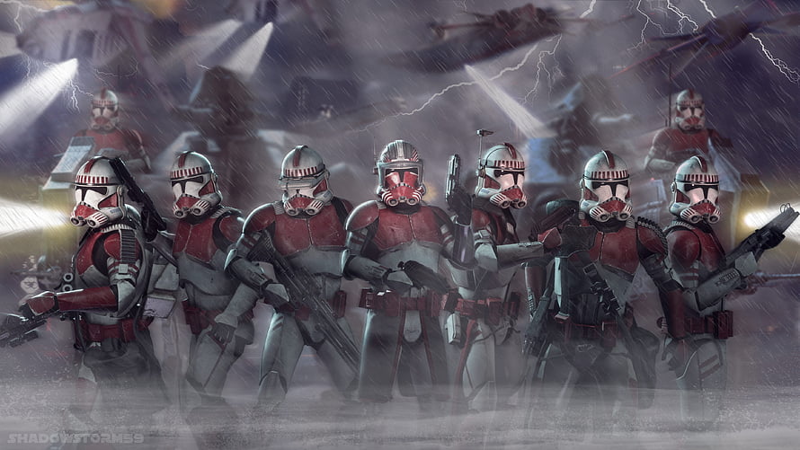Star Wars Clone Troopers in Red Armor During Stormy Battle Scene HD wallpaper