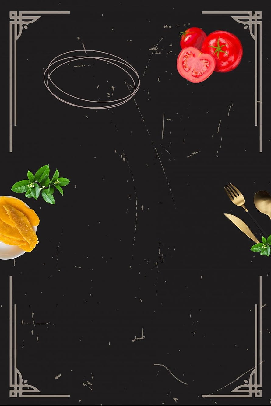 Elegant Black Chalkboard Menu Template with Fresh Tomatoes, Mango Slices, and Gold Cutlery, restaurant publicity Restaurant food publicity postervggh, food menu HD phone wallpaper