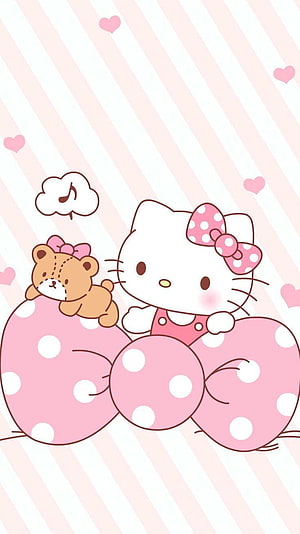 Hello Kitty and Little Bear Sitting on a Giant Pink Polka Dot Bow with Hearts and Stripes HD phone wallpaper