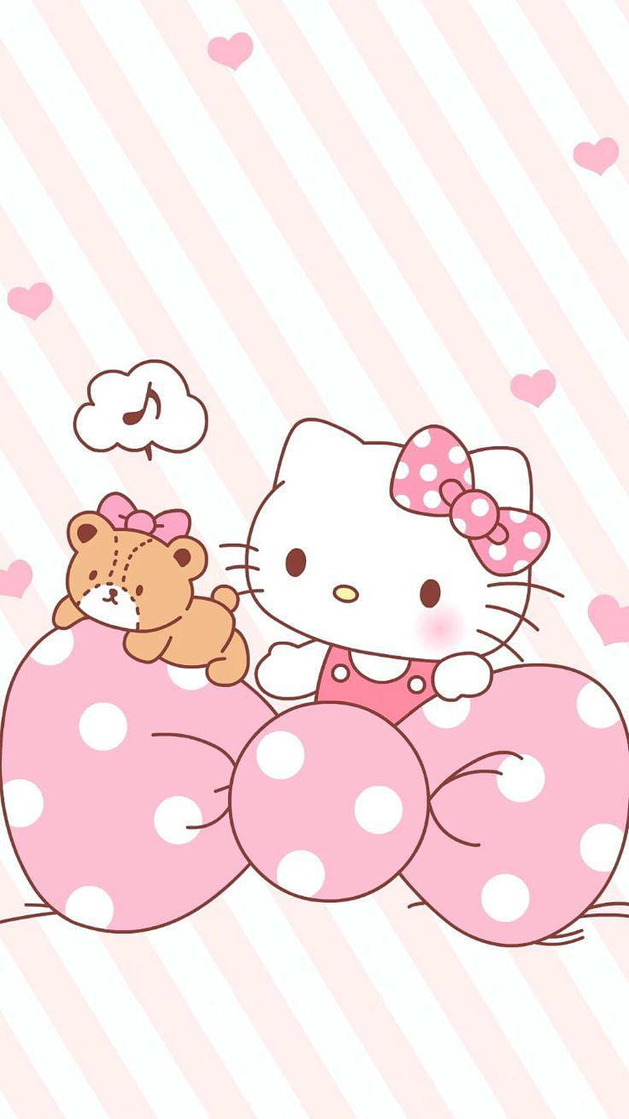 Hello Kitty and Little Bear Sitting on a Giant Pink Polka Dot Bow with Hearts and Stripes HD phone wallpaper
