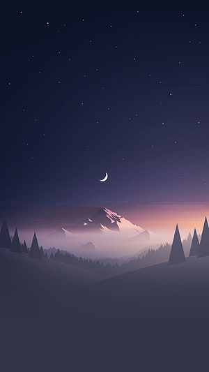 Minimalist Night Landscape with Crescent Moon, Snowy Peaks, and Starry Sky HD phone wallpaper