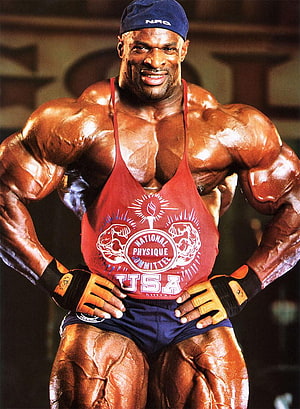 Ronnie Coleman posing in red National Physique Committee singlet with muscular physique, Ronnie Coleman HD phone wallpaper
