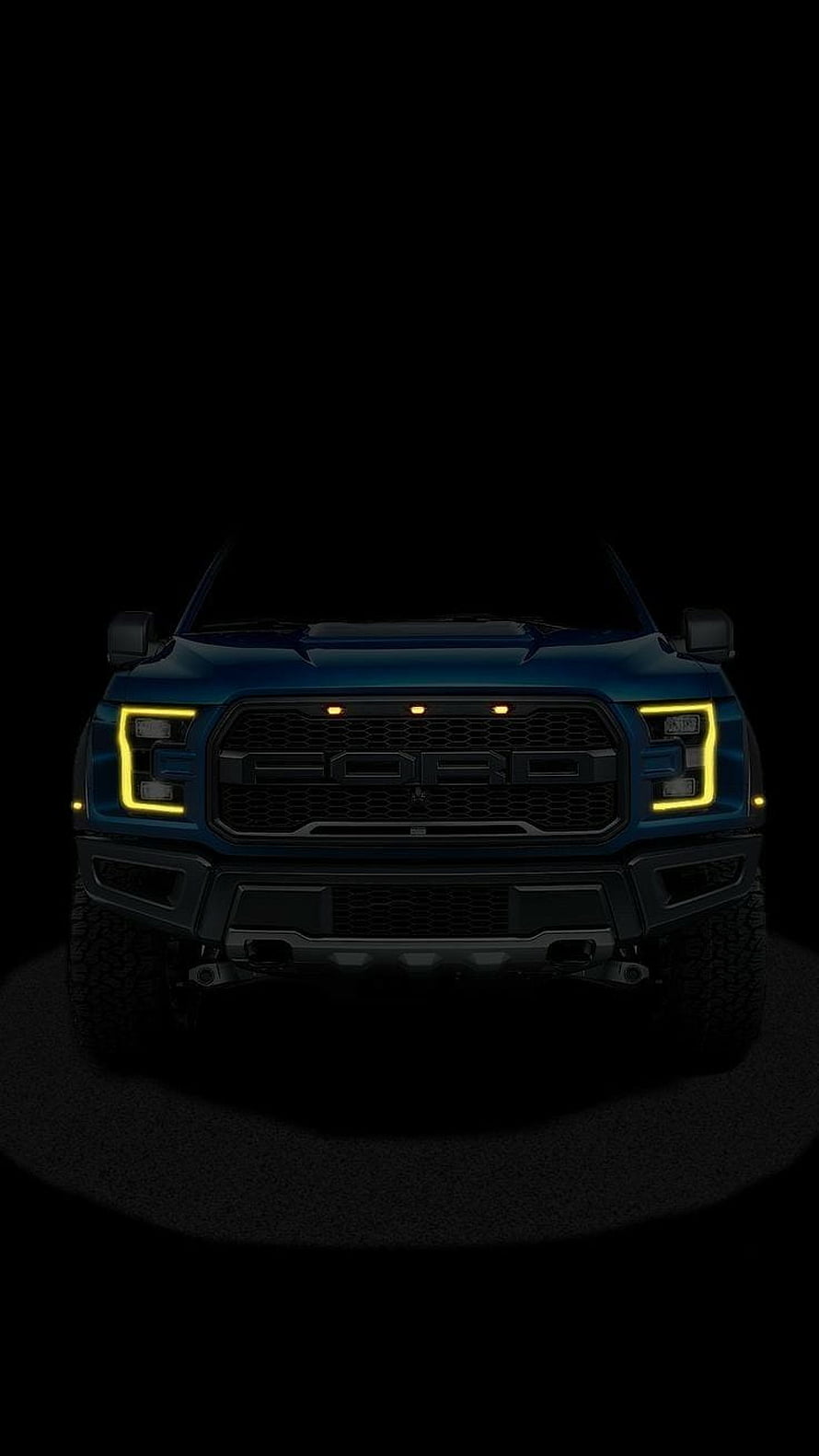 Ford F-150 Raptor Front Grille with Yellow LED Headlights in Dark Studio Setting HD phone wallpaper