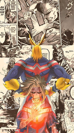 All Might and Hawks from My Hero Academia in a dramatic manga panel collage HD phone wallpaper