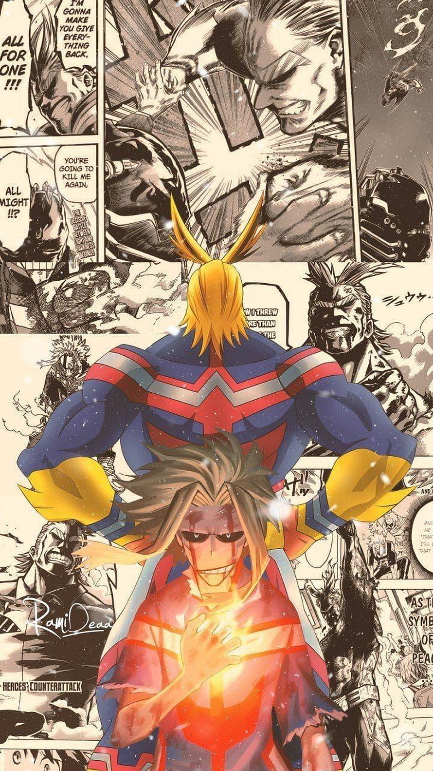 All Might and Hawks from My Hero Academia in a dramatic manga panel collage HD phone wallpaper
