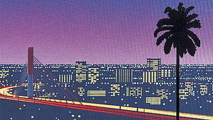 Synthwave Cityscape with Palm Tree and Cable-Stayed Bridge at Sunset HD wallpaper