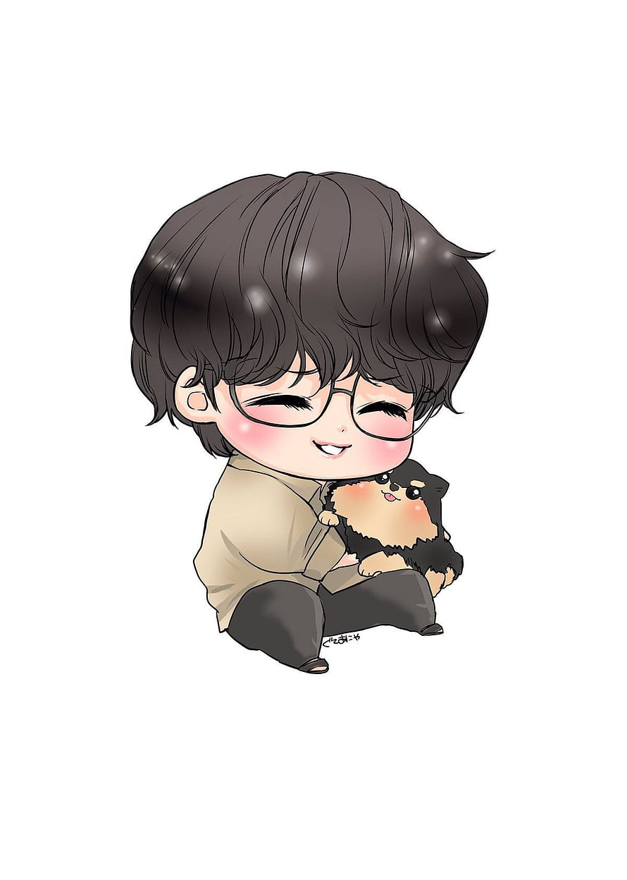 Chibi Kim Taehyung Holding a Fluffy Puppy in a Cute Anime Style Illustration HD phone wallpaper