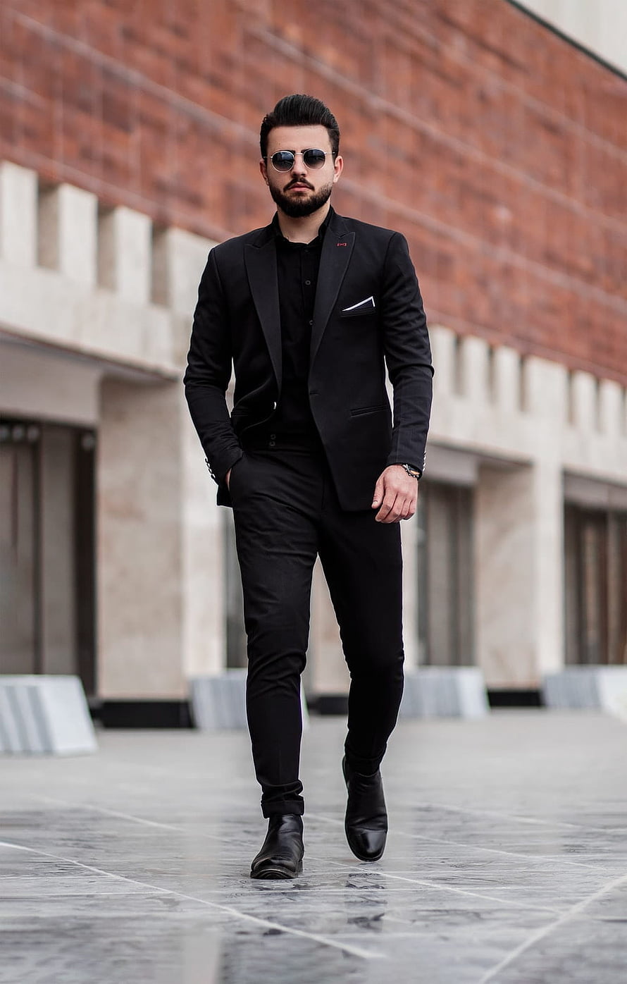 Man in all-black tailored suit and sunglasses walking on a city plaza, 50 Men Suit [], coat pant HD phone wallpaper