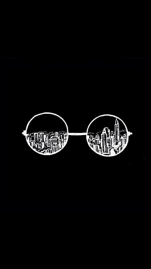 Minimalist Round Glasses with City Skyline Illustration on Black Background HD phone wallpaper