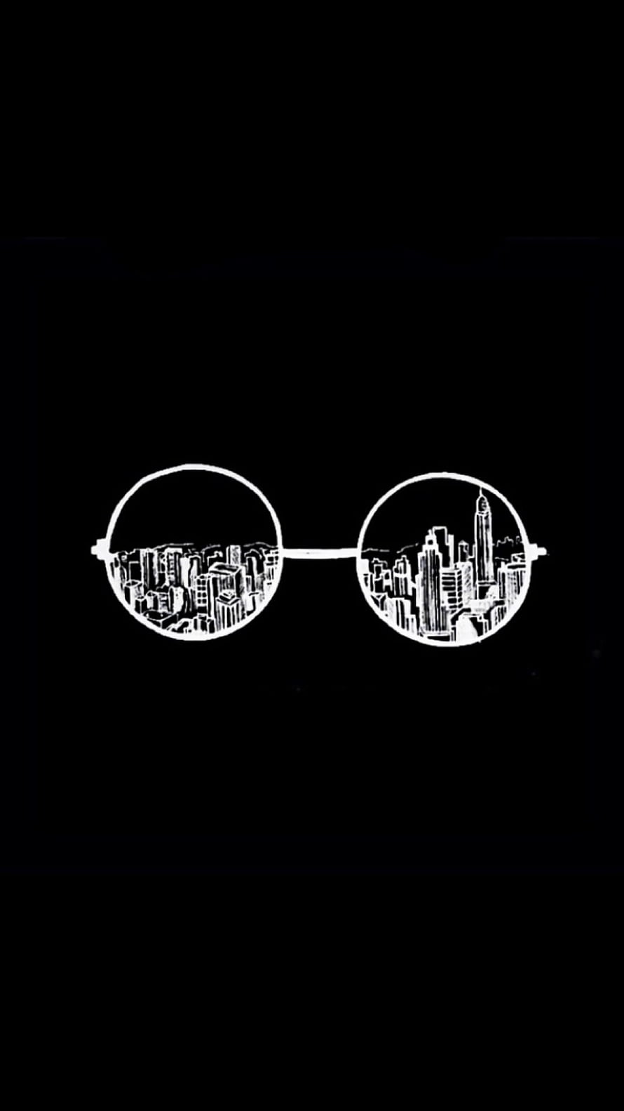 Minimalist Round Glasses with City Skyline Illustration on Black Background HD phone wallpaper