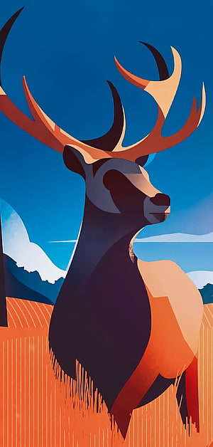 Stylized Vector Illustration of a Majestic Stag with Large Antlers in an Orange Field HD phone wallpaper