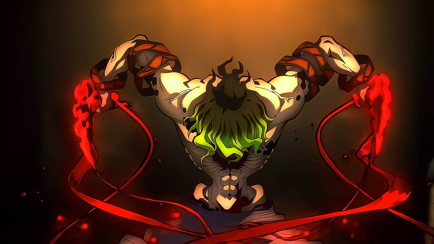 Gyutaro Demon Slayer Anime Character with Green Hair and Red Energy Aura HD wallpaper