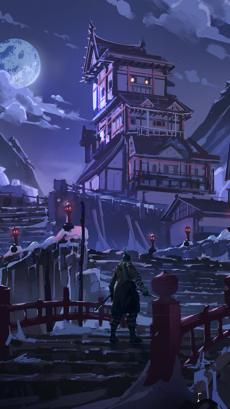Sekiro: Shadows Die Twice Samurai Standing on Snowy Bridge Before Japanese Castle at Night HD phone wallpaper