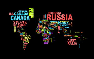 Colorful World Map Typography Art Featuring Country Names in Various Fonts and Bright Colors on Black Background HD wallpaper