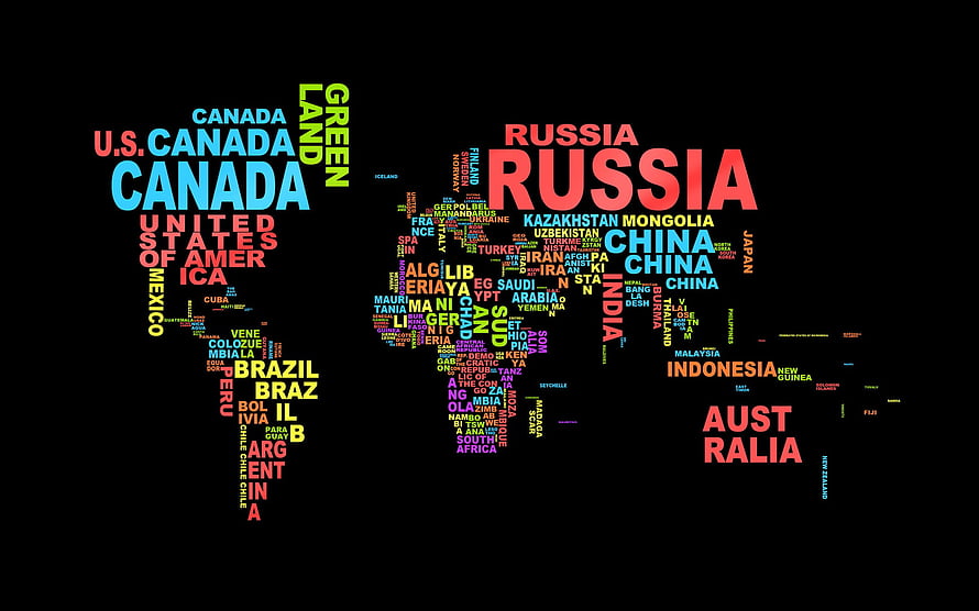Colorful World Map Typography Art Featuring Country Names in Various Fonts and Bright Colors on Black Background HD wallpaper