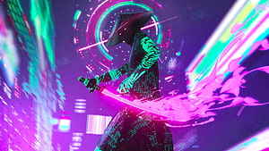 Cyberpunk Samurai Warrior Wielding Glowing Katana in Neon Digital Cityscape HD wallpaper